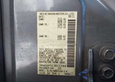 2012 Nissan Maxima 3.5 Sv z USA, uszkodzony, nr VIN 1N4AA5AP7CC803388